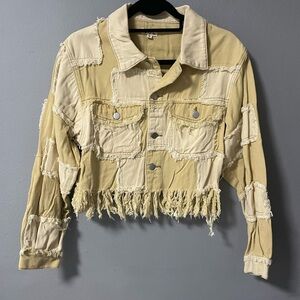 NWOT POL Checkered Distressed Cotton Jean Jacket with Fringe Details. Small